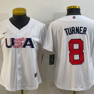Women's USA Baseball #8 Trea Turner 2023 White World Baseball Classic Stitched Jersey(Run Small)