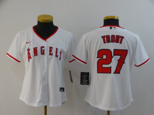 Women Angels 27 Mike Trout White Women 2020 Nike Cool Base Jersey