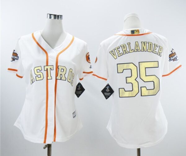 Women Astros 35 Justin Verlander White Women 2018 Gold Program Cool Base Jersey