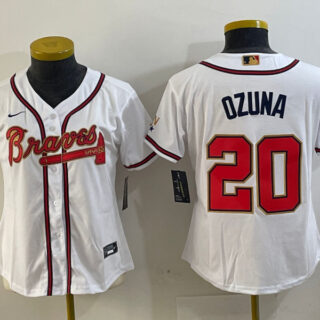 Women Atlanta Braves #20 Marcell Ozuna White Gold World Series Champions Program Stitched