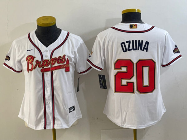 Women Atlanta Braves #20 Marcell Ozuna White Gold World Series Champions Program Stitched