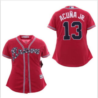 Women Braves 13 Ronald Acuna Jr. Red Cool Base Women Jersey