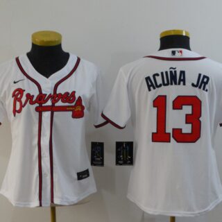 Women Braves 13 Ronald Acuna Jr. White Women 2020 Nike Cool Base Jersey