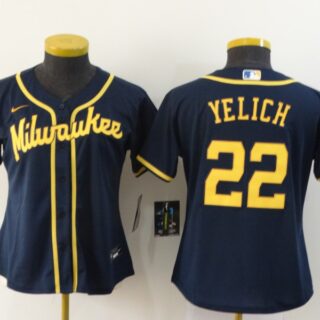 Women Brewers 22 Christian Yelich Navy Women Nike 2020 Cool Base Jersey