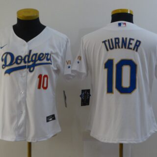 Women Dodgers 10 Justin Turner White Women Nike 2021 Gold Program Cool Base Jersey