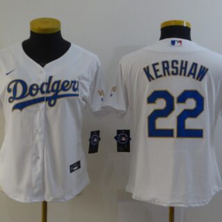 Women Dodgers 22 Clayton Kershaw White Women Nike 2021 Gold Program Cool Base Jersey