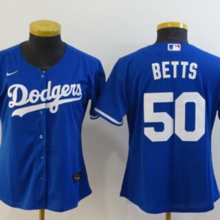 Women Dodgers 50 Mookie Betts Royal Women 2020 Nike Cool Base Jersey