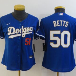 Women Dodgers 50 Mookie Betts Royal blue Women Nike 2021 Gold Program Cool Base Jersey