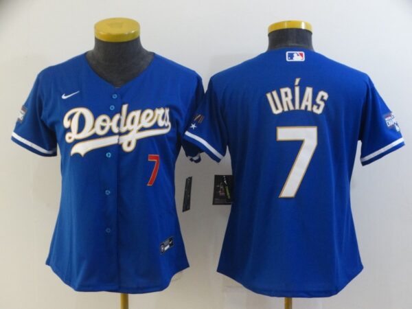 Women Dodgers 7 Julio Urias Royal Blue Women Nike Cool Base Jersey