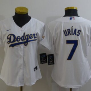 Women Dodgers 7 Julio Urias White Women Nike 2021 Gold Program Cool Base Jersey