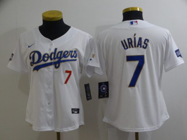 Women Dodgers 7 Julio Urias White Women Nike 2021 Gold Program Cool Base Jersey