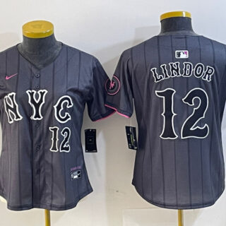 Women New York Mets #12 Francisco Lindor Graphite 2024 City Connect Limited Stitched Baseball Jersey