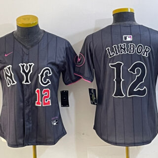 Women New York Mets #12 Francisco Lindor Graphite 2024 City Connect Limited Stitched Baseball Jersey