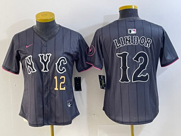 Women New York Mets #12 Francisco Lindor Graphite 2024 City Connect Limited Stitched Baseball Jersey