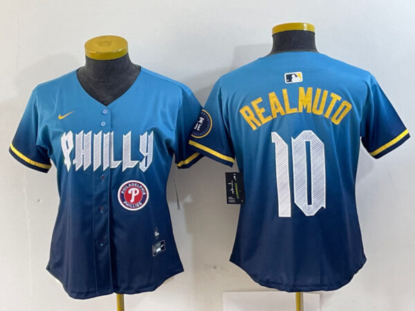Women Philadelphia Phillies #10 J.T. Realmuto Blue 2024 City Connect Limited Stitched Baseball Jersey