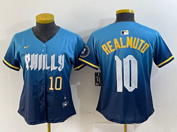 Women Philadelphia Phillies #10 J.T. Realmuto Blue 2024 City Connect Limited Stitched Baseball Jersey