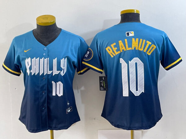 Women Philadelphia Phillies #10 J.T. Realmuto Blue 2024 City Connect Limited Stitched Baseball Jersey