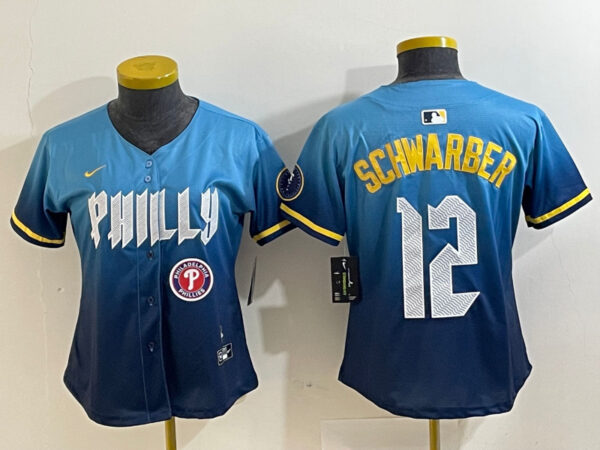 Women Philadelphia Phillies #12 Kyle Schwarber Blue 2024 City Connect Limited Stitched Jersey