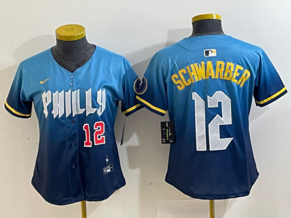 Women Philadelphia Phillies #12 Kyle Schwarber Blue 2024 City Connect Limited Stitched Jersey