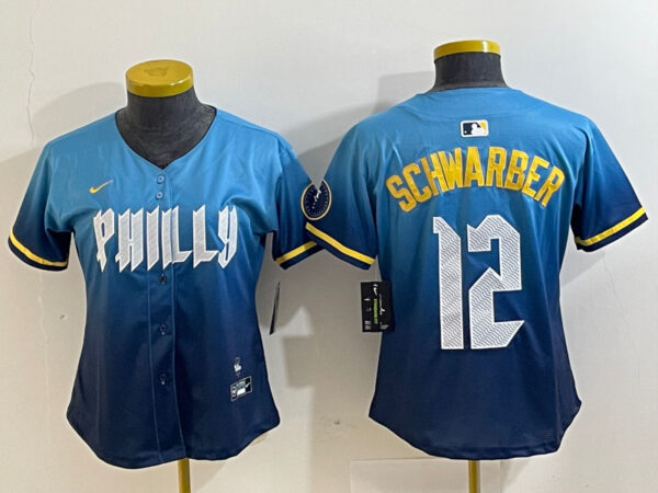 Women Philadelphia Phillies #12 Kyle Schwarber Blue 2024 City Connect Limited Stitched Jersey