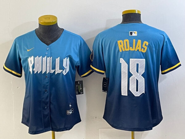 Women Philadelphia Phillies #18 Johan Rojas Blue 2024 City Connect Limited Stitched jerseys