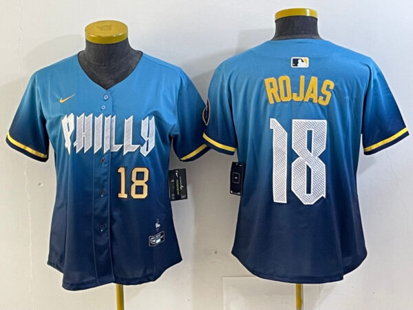 Women Philadelphia Phillies #18 Johan Rojas Blue 2024 City Connect Limited Stitched jerseys 1
