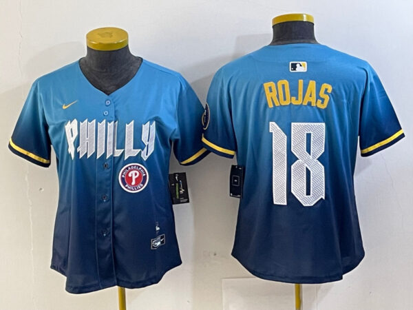 Women Philadelphia Phillies #18 Johan Rojas Blue 2024 City Connect Limited Stitched jerseys 3