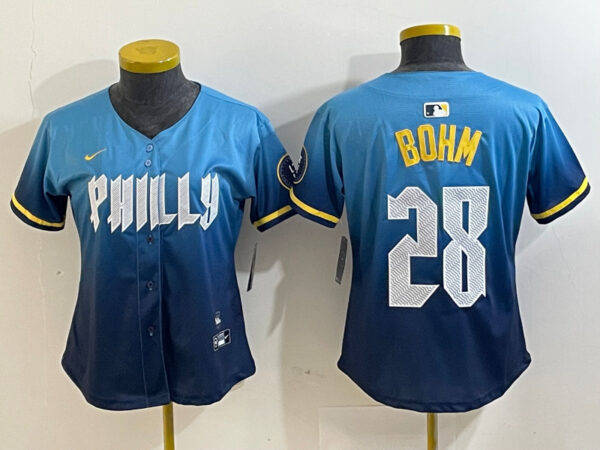 Women‘s Philadelphia Phillies #28 Alec Bohm Blue 2024 City Connect Limited Stitched Baseball Jersey