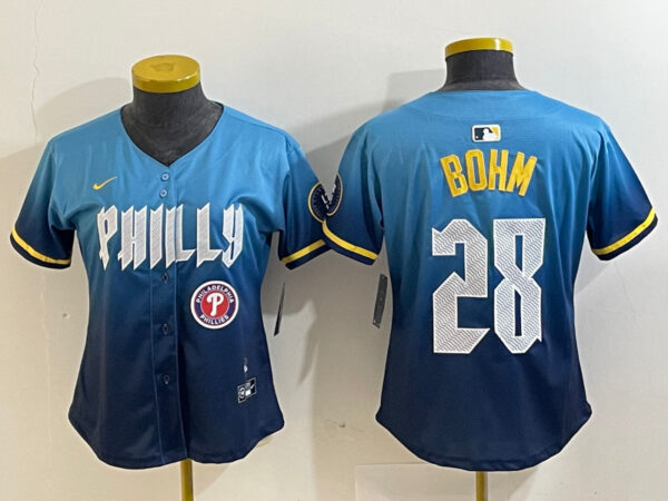 Women‘s Philadelphia Phillies #28 Alec Bohm Blue 2024 City Connect Limited Stitched Baseball Jersey