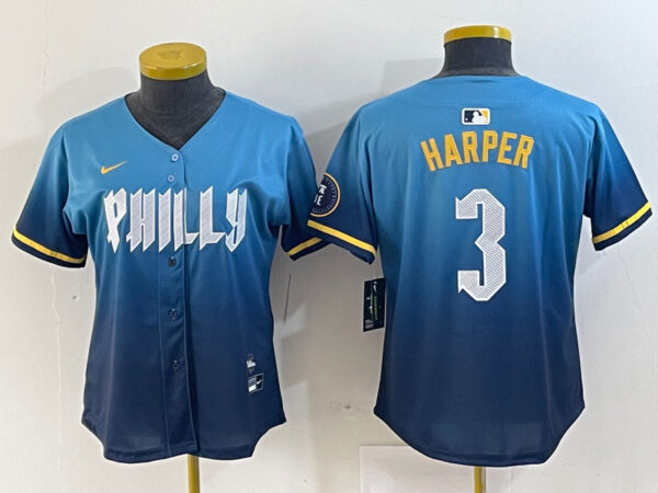 Women Philadelphia Phillies #3 Bryce Harper Blue 2024 City Connect Limited Stitched Jersey