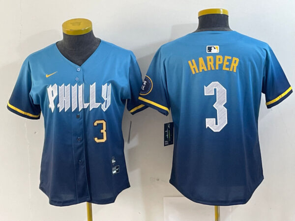 Women Philadelphia Phillies #3 Bryce Harper Blue 2024 City Connect Limited Stitched Jersey