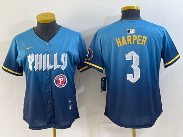 Women Philadelphia Phillies #3 Bryce Harper Blue 2024 City Connect Limited Stitched Jersey