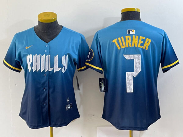Women Philadelphia Phillies #7 Trea Turner Blue 2024 City Connect Limited Stitched Jersey