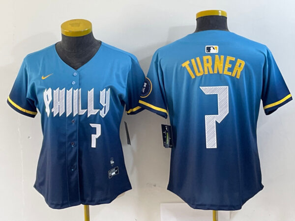 Women Philadelphia Phillies #7 Trea Turner Blue 2024 City Connect Limited Stitched Jersey
