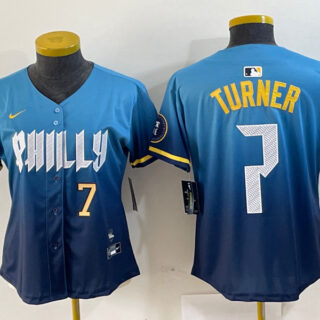 Women Philadelphia Phillies #7 Trea Turner Blue 2024 City Connect Limited Stitched Jersey