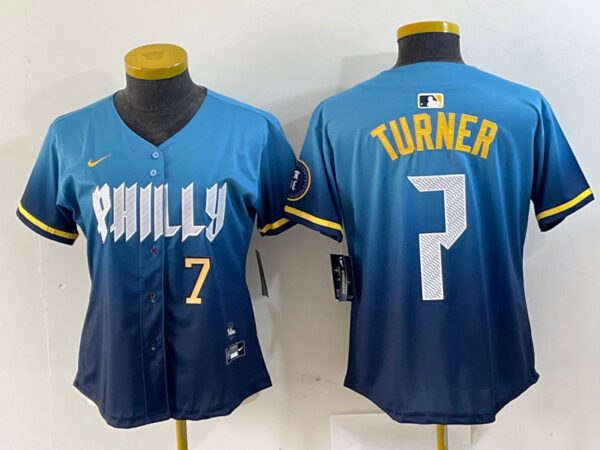 Women Philadelphia Phillies #7 Trea Turner Blue 2024 City Connect Limited Stitched Jersey