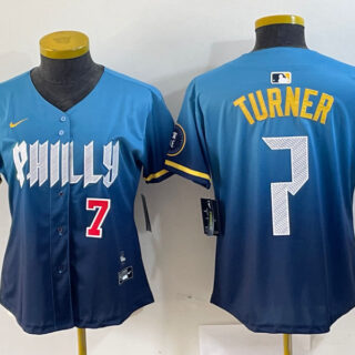 Women Philadelphia Phillies #7 Trea Turner Blue 2024 City Connect Limited Stitched Jersey