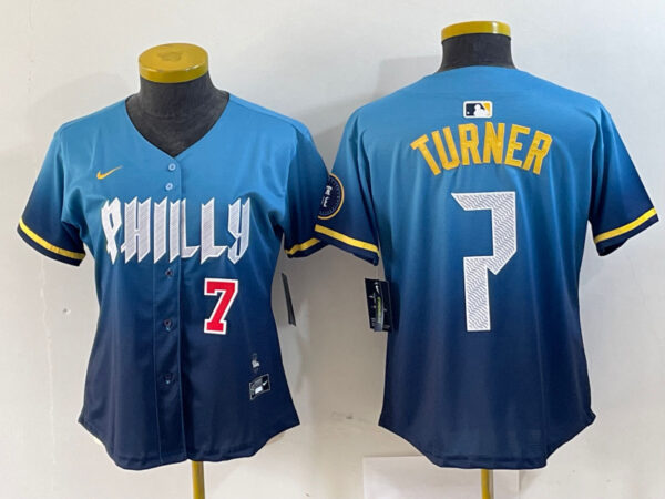 Women Philadelphia Phillies #7 Trea Turner Blue 2024 City Connect Limited Stitched Jersey