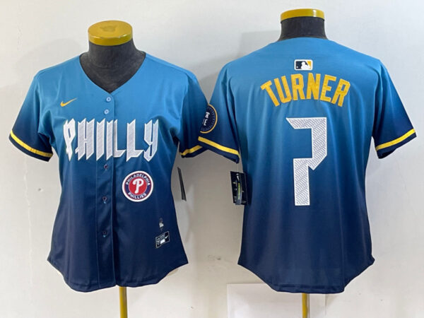 Women Philadelphia Phillies #7 Trea Turner Blue 2024 City Connect Limited Stitched Jersey