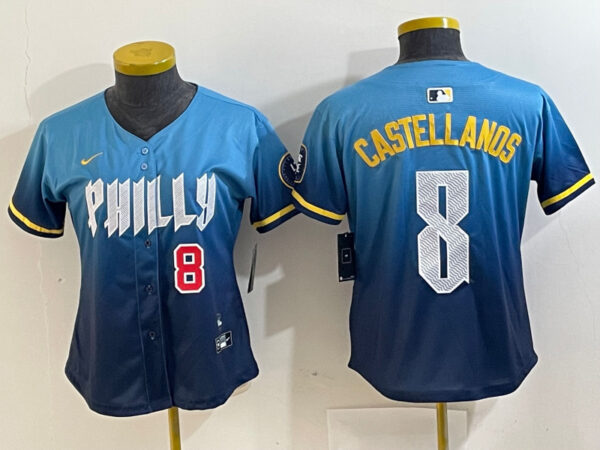 Women Philadelphia Phillies #8 Nick Castellanos Blue 2024 City Connect Limited Stitched Jersey
