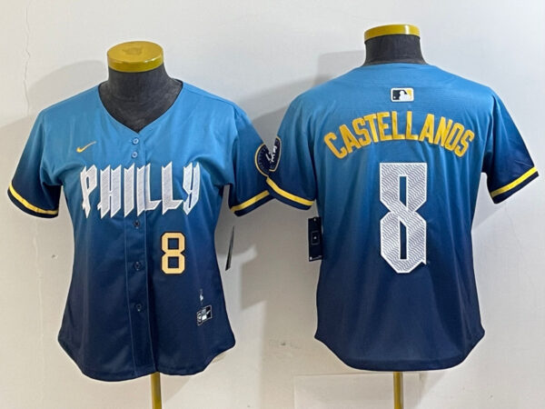 Women Philadelphia Phillies #8 Nick Castellanos Blue 2024 City Connect Limited Stitched Jersey