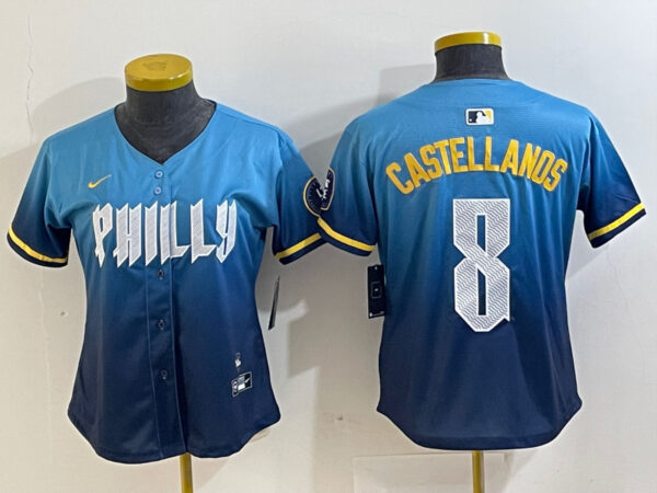 Women Philadelphia Phillies #8 Nick Castellanos Blue 2024 City Connect Limited Stitched Jersey