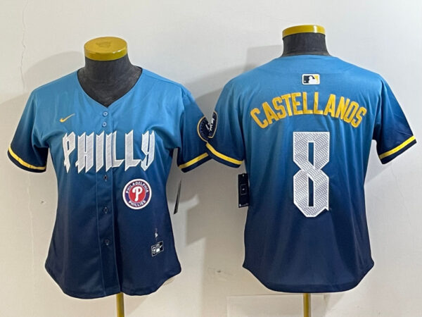 Women Philadelphia Phillies #8 Nick Castellanos Blue 2024 City Connect Limited Stitched Jersey