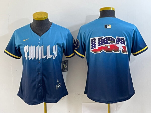 Women Philadelphia Phillies Team Big Logo Blue 2024 City Connect Limited Stitched Baseball Jersey