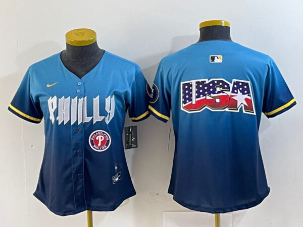 Women Philadelphia Phillies Team Big Logo Blue 2024 City Connect Limited Stitched Baseball Jersey