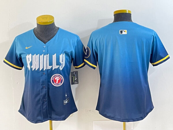 Women Philadelphia Phillies Team Big Logo Blue 2024 City Connect Limited Stitched Baseball Jersey