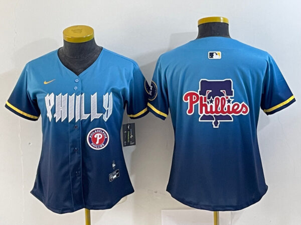 Women Philadelphia Phillies Team Big Logo Blue 2024 City Connect Limited Stitched Baseball Jersey