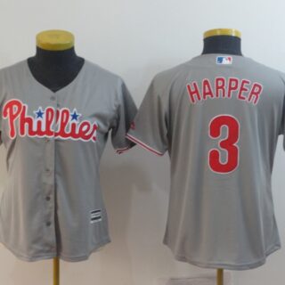 Women Phillies 3 Bryce Harper Gray Women Cool Base Jersey