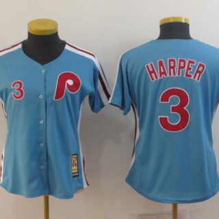 Women Phillies 3 Bryce Harper Women Light Blue Cool Base Cooperstown Jersey