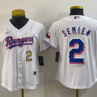 Women Texas Rangers #2 Marcus Semien White Gold Cool Base Stitched Baseball Jersey